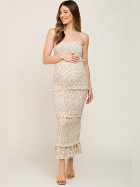 MABLE Floral Chiffon Smocked Tiered Square Neck Maternity Midi Dress